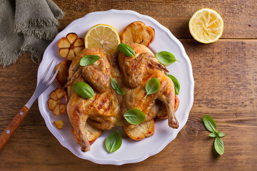 Spatchcock chicken on bread with lemon, basil and garlic. View from above, top studio shot