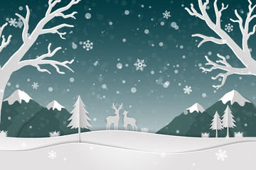 Paper art landscape with deer family and snowflakes in the forest,Icons of winter season abstract background