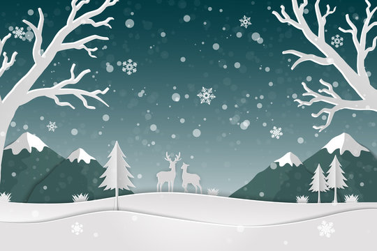 Paper Art Landscape With Deer Family And Snowflakes In The Forest,Icons Of Winter Season Abstract Background