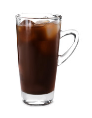 Cup with cold brew coffee on white background