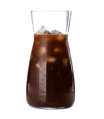 Jug with cold brew coffee on white background