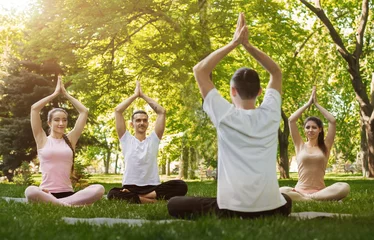 Fototapeten Group of people practicing yoga in park © Prostock-studio