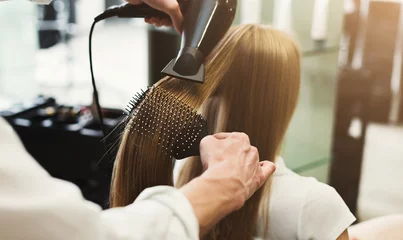 Room darkening curtains Hairdressers Making hairstyle using hair dryer