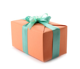 Beautiful gift box with ribbon on white background