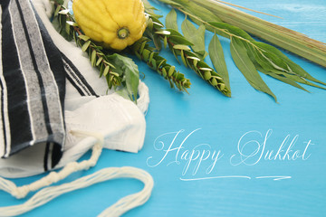 Jewish festival of Sukkot. Traditional symbols (The four species): Etrog, lulav, hadas, arava.