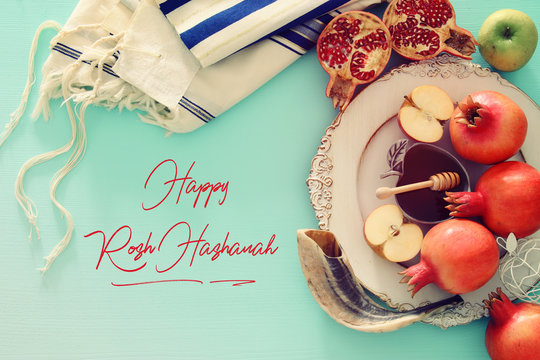 Rosh hashanah (jewish New Year holiday) concept. Traditional symbols.