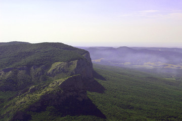 landscape of mountain slopes and trees