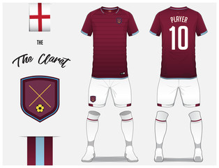 Obraz premium Soccer jersey or football kit template for football club. Claret football shirt with sock and short mock up. Front and back view soccer uniform. Football logo and Flag label. Vector.