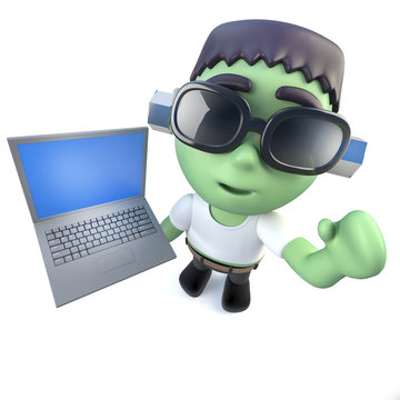3d Funny cartoon frankenstein monster holding a laptop computer