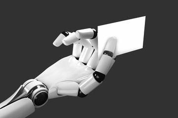 Humanoid robot hand holding a white business card. 3d illustration