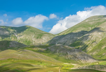 Fototapeta na wymiar Castelluccio di Norcia, 2018 (Umbria, Italy) - The famous landscape flowering with many colors, in the highland of Sibillini Mountains, central Italy