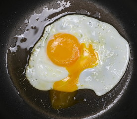 Close up fried eggs on black pan background