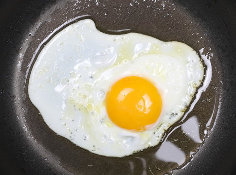 Close up fried eggs on black pan background