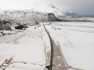 Iceland road in wonter from sky view
