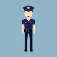 police character vector design.Male security officer with tools: baton, whistle, weapons gun