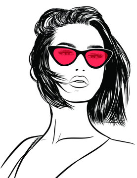 Retro Cat eye sunglasses fashion illustration, 90s style modern renaissance .Stylish girl with big lips and natural makeup. Perfect eyebrows and long eyelashes.Silky healthy short bob hair. Business c