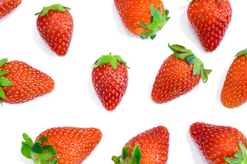Many fresh red strawberry fruit frame isolated on white background with copy space for text or image.