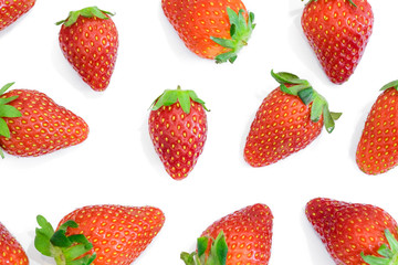Many fresh red strawberry fruit frame isolated on white background with copy space for text or image.
