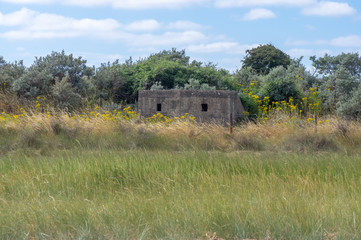 Fototapeta na wymiar World War Two pillbox at Gibralter Point. Military defense standing in National Nature Reserve near Skegness in Lincolnshire, UK