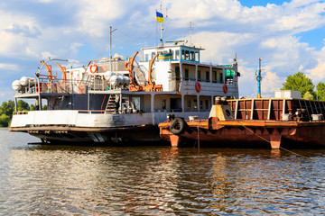 Ferryboat at the wharf on the river Dnieper, Ukraine