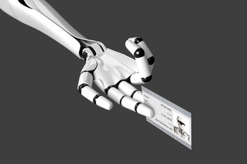 Robot hand holding a passport with his photo and identification number. 3d illustration