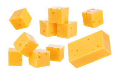 Cheese cubes isolated on white background. With clipping path.