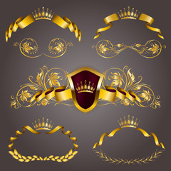 Set of gold vip monograms for graphic design on gray background. Elegant graceful frame, ribbon, filigree border, crown in vintage style for wedding invitations, card, logo, icon. Vector illustration.
