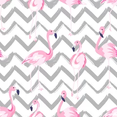 Vlies Fototapete Chevron Abstraktes nahtloses Muster mit exotischem Flamingo auf Chevronhintergrund. Sommerdekoration drucken. Vektor-Illustration