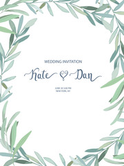 Greeting frame with eucalyptus branch for card, wedding, greeting, invitation. Vector illustration. Watercolor style