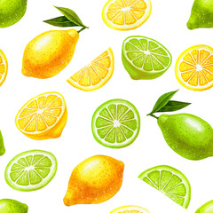 Watercolor hand drawn seamless pattern with lemons and limes