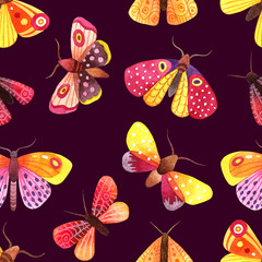 Seamless pattern with colorful butterflies on purple background
