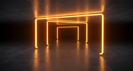 Futuristic Sci Fi Orange Neon Tube Lights Glowing In Concrete Floor Room With Refelctions Empty Space 3D Rendering