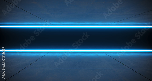Futuristic Sci Fi Blue Neon Tube Lights Glowing In Concrete