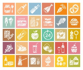 Food, icons, grocery store, pencil shading, colored, vector. Food and drinks, production and sale. Colored square icons with white pattern. Simulation of shading. Vector clip art.  