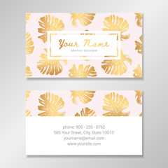 Vector business card template with golden monstera palm leaves on pale pink background and place for your text.