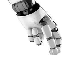 Robot hand holding something and putting it down. 3D rendering.
