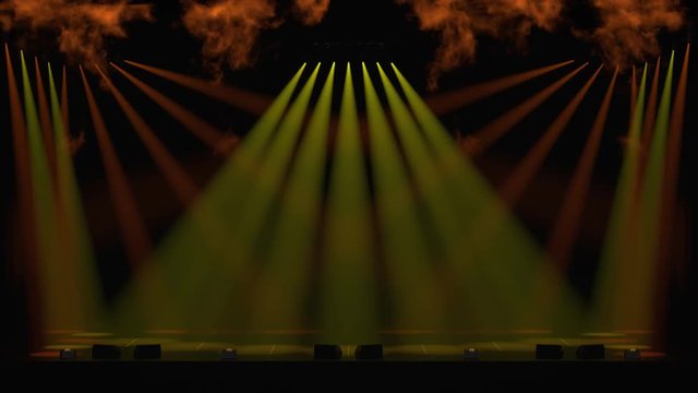 Orange and yellow spotlights down onto a stage with four flame thrower at night in an atmospheric background as 3D rendering