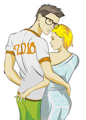 Fashionable guy and girl in the arms. Love and fashion illustration