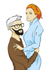 Fashionable guy and girl in the arms. Love and fashion illustration