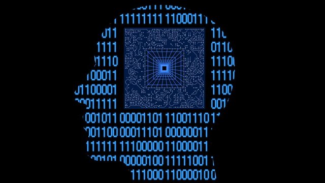 4k Brain head connect  the matrix style binary code,people man thinking expanding AI chip circuit cpu artificial intelligence science,future tech animation creative background.