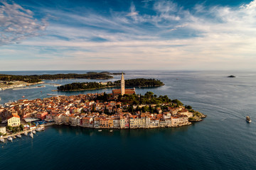 Rovinj city - HDR aerial view taken by a professional drone from above the sea. The old town of Rovinj, Istria, Croatia