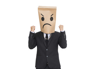 businessman wear paper bag covering head angry emotions 