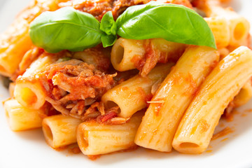 Piatto di pasta con ragu di pesce e pomodoro