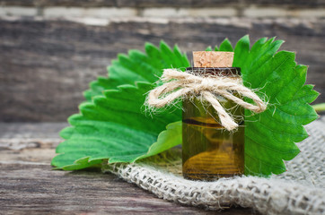 Strawberry concentrate juice in the small brown bottle. Aromatherapy.
