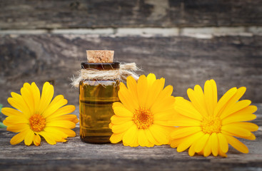 Calendula flower essential oil. Naturopathy. Herbal medicine.