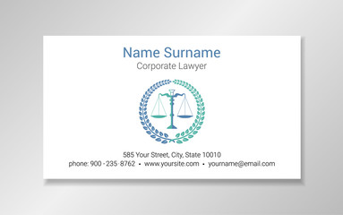 Business card design template in blue and green colors with scales in a wreath frame on white background.