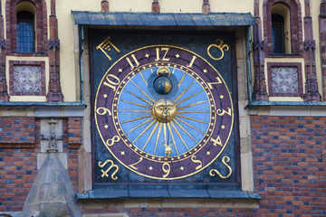 Town Hall building with chiming clock in Wroclaw, Poland