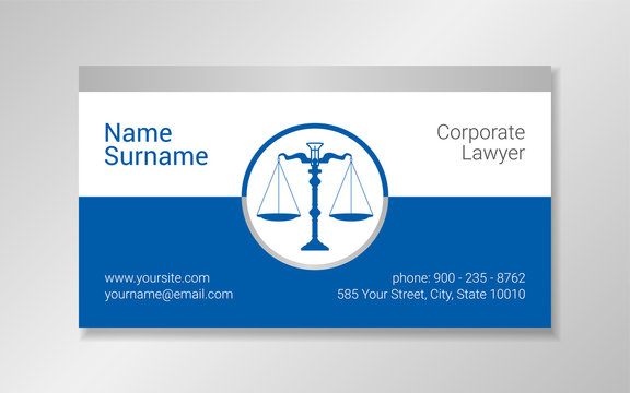 Business card design template in blue and gray colors with scales in a circle frame.