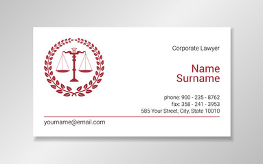 Business card design template with burgundy scales silhouette in a wreath frame on white background.