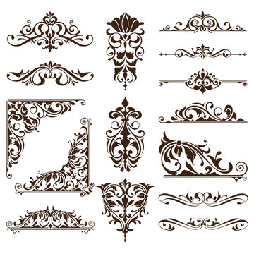 Vintage ornaments design elements floral curlicues white background curbs frame corners stickers illustration of white background
